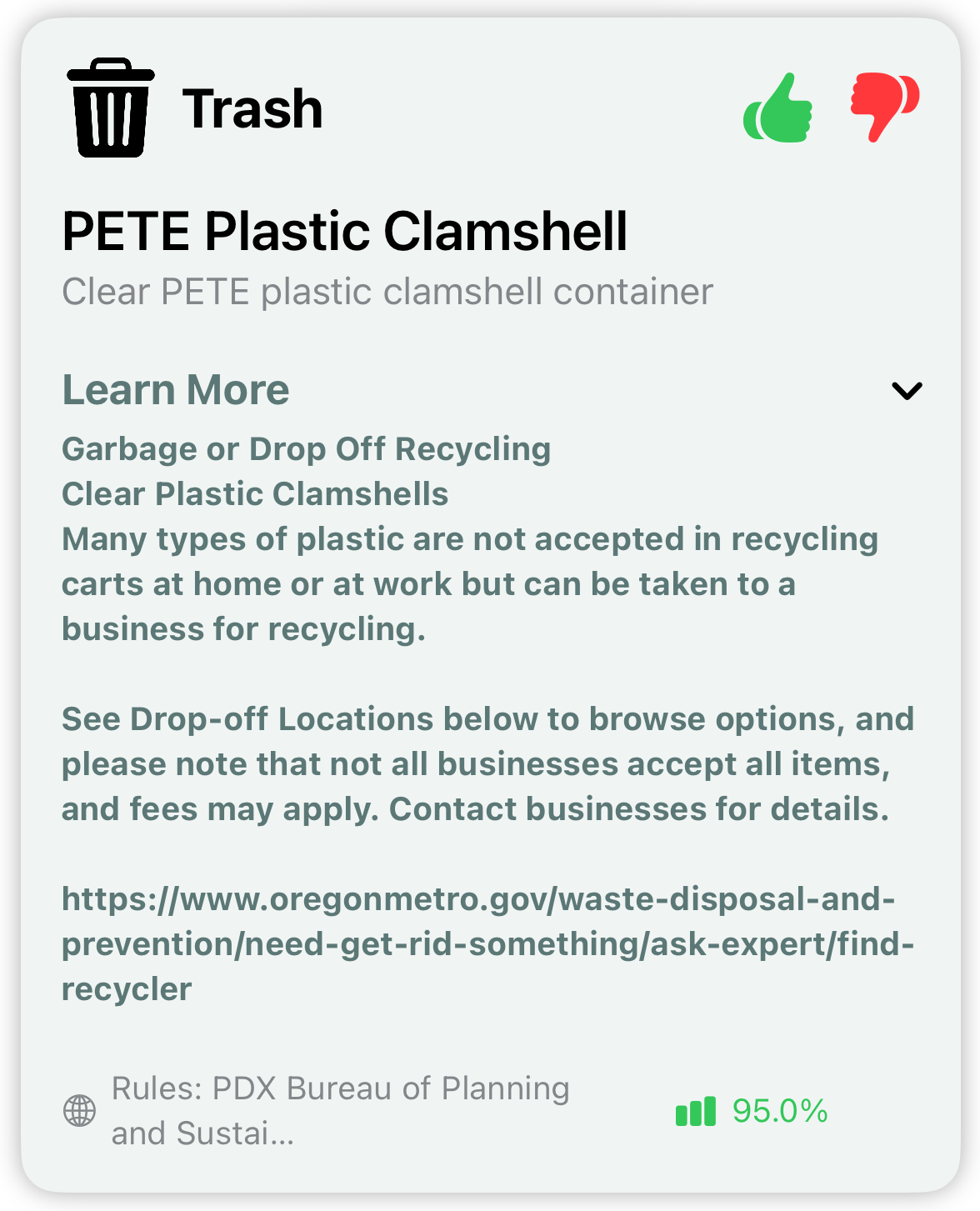 EarthSort Learn More section showing Portland drop-off recycling guidance for a plastic clamshell